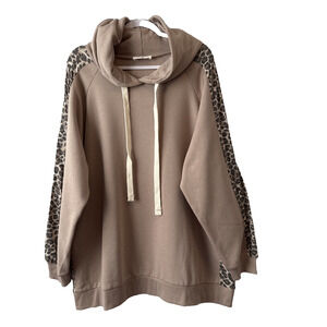 Zenana Women’s Plus 2X Boho Chic Leopard Hoodie Sweatshirt Tunic Pockets Fall